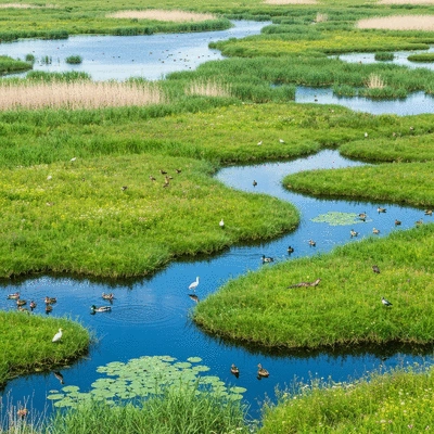Aerial view of a healthy wetland ecosystem with diverse flora and fauna