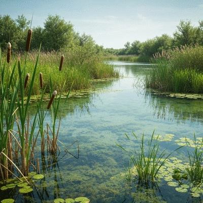 Lush, healthy wetland ecosystem with diverse plant life and clear water, no text, no words, no typography, 8K, natural lighting