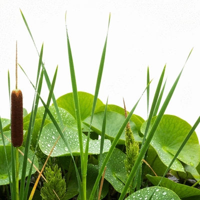 Close-up of native wetland plants with water droplets, showing lush greenery and biodiversity, no text, no words, no typography, clean image