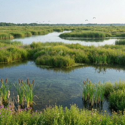 Lush wetland landscape with diverse native plants thriving, clear water, and birds in the distance, no text, no words, no typography, 8K