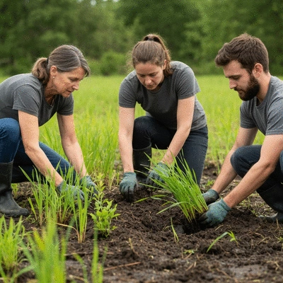 Team of environmental scientists actively planting native species in a wetland, hands-on, focus on restoration efforts, no text, no words, no typography, 8K, natural lighting