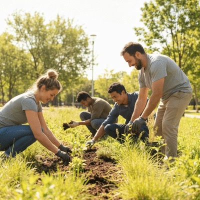 Community volunteers planting native plants in an urban green space