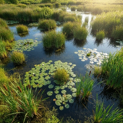 Lush wetland with diverse native plants thriving, clear water, and absence of invasive species