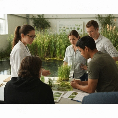People learning about wetland plants in a community workshop, no text, no words, no typography, 8K, natural lighting