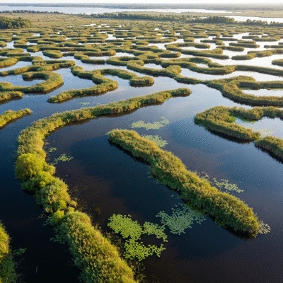Aerial view of a diverse wetland ecosystem with small islands and varying water depths, no text, no words, no typography, 8K, natural lighting