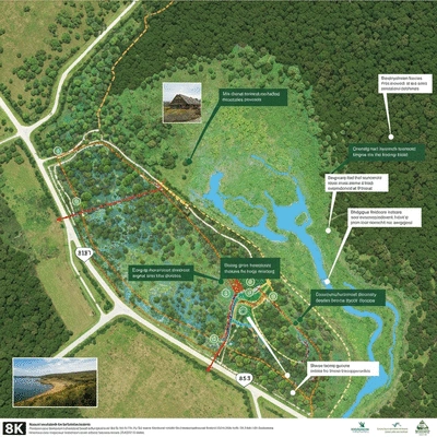 Detailed map showing a wetland restoration project area with funding annotations