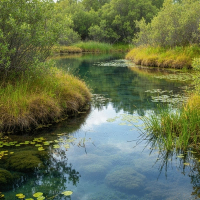 Lush, vibrant self-sustaining wetland ecosystem with diverse plant life and clear water, no text, no words, no typography, clean image