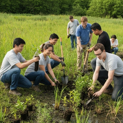 Community volunteers planting in a wetland, showing teamwork and engagement