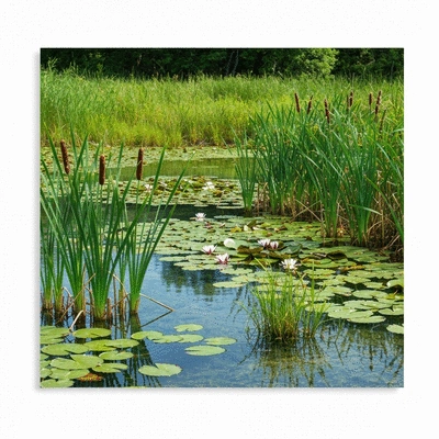 Lush wetland ecosystem with diverse plant life and clear water, no text, no words, no typography, 8K, natural lighting