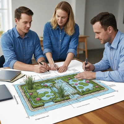 Engineers and conservationists collaborating on a wetland design blueprint, no text, no words, no typography, 8K, professional photography