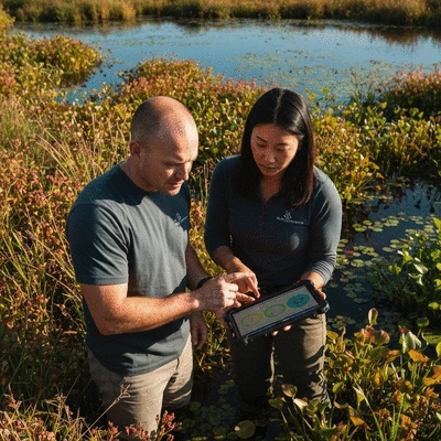 Environmental scientists discussing data with a tablet in a wetland environment