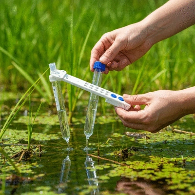 Close-up of a water quality testing kit being used in a wetland