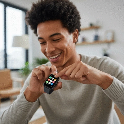 Person happily interacting with a smartwatch, showing various apps and notifications on the screen, in a modern home setting, no text, no words, no typography, clean image