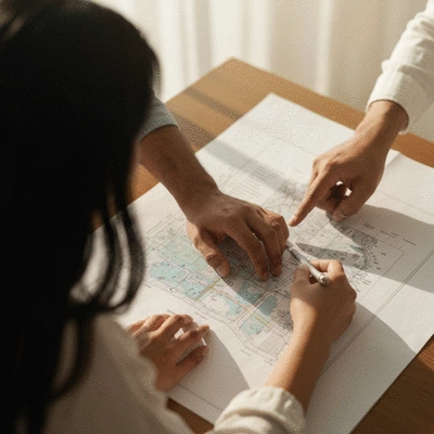 Hands collaborating over a blueprint for wetland conservation