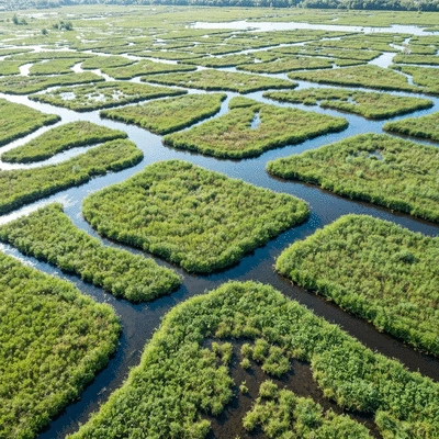 Aerial view of a healthy, restored wetland ecosystem with diverse plant life and clear water channels, no text, no words, no typography, clean image