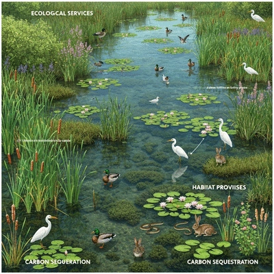 Vibrant wetland ecosystem showcasing diverse flora and fauna, illustrating ecological benefits