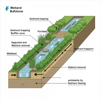 Detailed diagram illustrating wetland buffer functions like sediment trapping and nutrient filtering