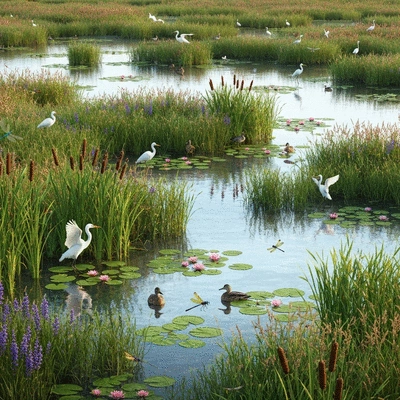 Lush wetland with native plants and diverse wildlife
