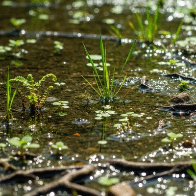 Close-up of diverse wetland microhabitat with small plants, water, and varied substrate, no text, no words, no typography, 8K, natural lighting