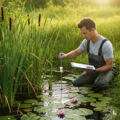 Scientist collecting water samples from a wetland for quality monitoring