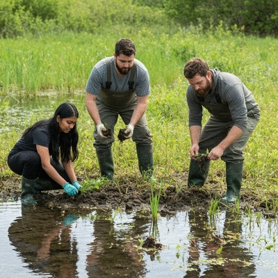 Diverse team of environmental scientists planting native species in a restored wetland, with clear water and lush vegetation