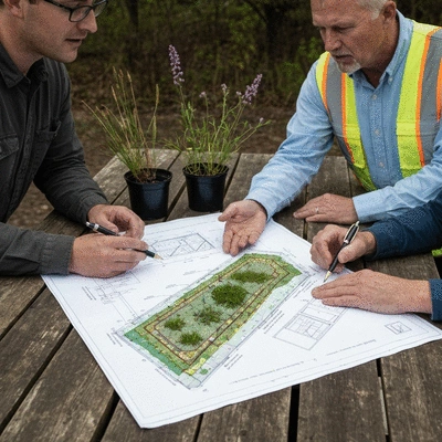 Engineers and land managers collaboratively planning a wetland restoration project on a blueprint, with native plant samples on the table, no text, no words, no typography, 8K