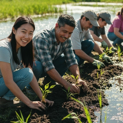 Community members planting native plants in a wetland restoration project
