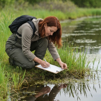 Environmental scientist studying wetland plants and water samples with a clipboard