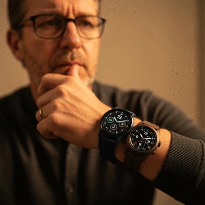 Person comparing various smartwatches on their wrist with a blurred tech store background, no text, no words, no typography, clean image